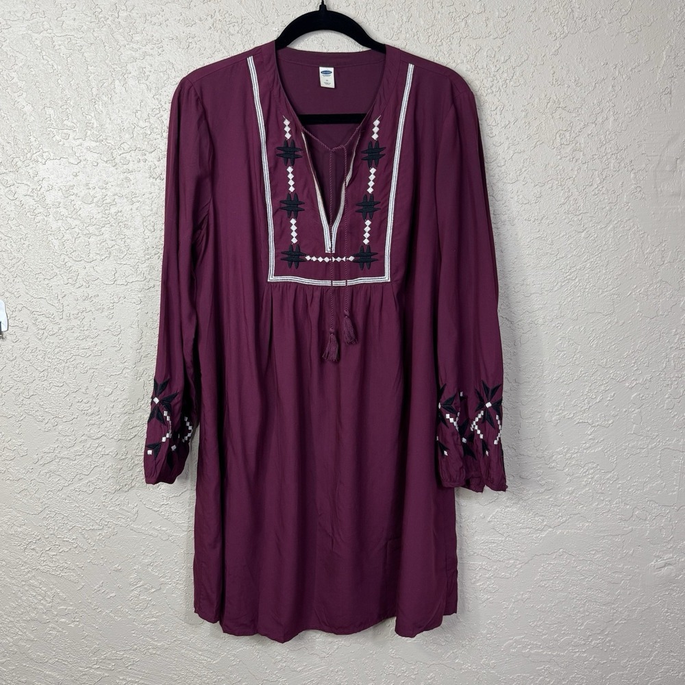 Old Navy Womens Embroidered Boho Mini Tunic Dress Size M Burgundy Peasant Tassle